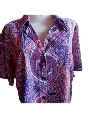 XL Vintage Blouse 1970's Donna Lee Button-Up Shirt Purple Red Paisley Geometric